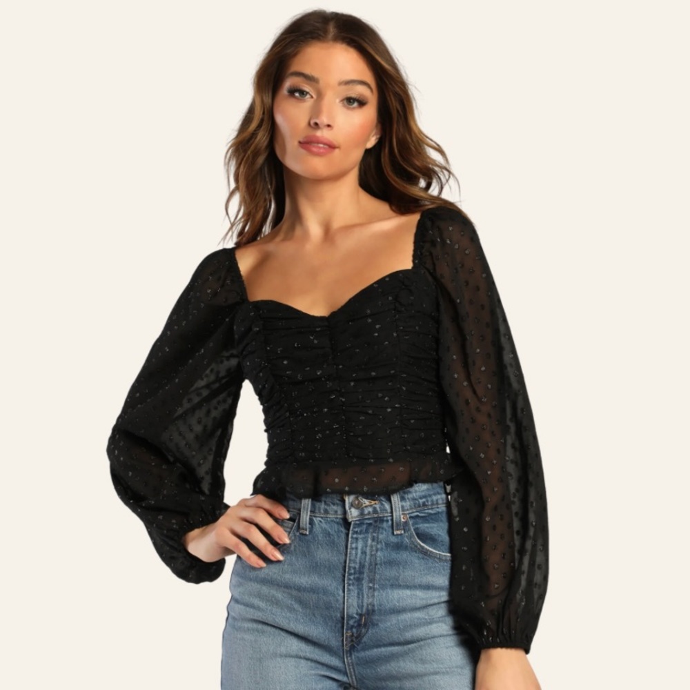 NWT - Lulu’s Totally Charmed Black Ruched Clip Dot Balloon Sleeve Top - Size XL
